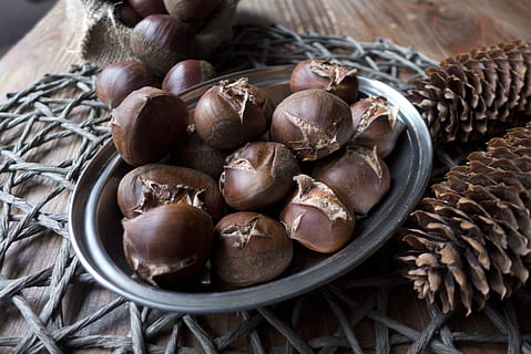 autumn, chestnuts, castanea, dining table, bag, towel, dish HD wallpaper