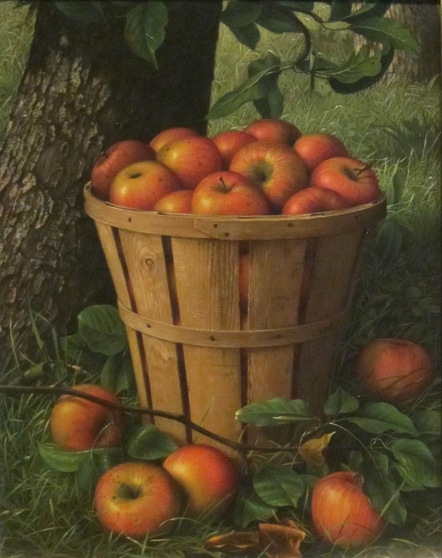 red apple fruit on basket painting, levi wells, art, oil on canvas