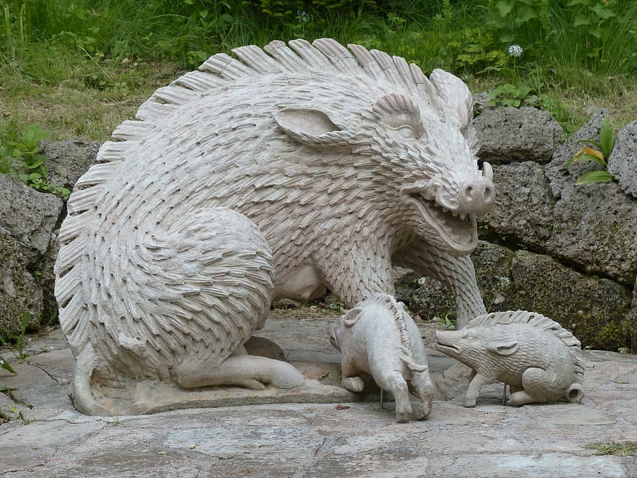 stone figure, boar, pig, hellbrunn, salzburg, austria, animal HD wallpaper