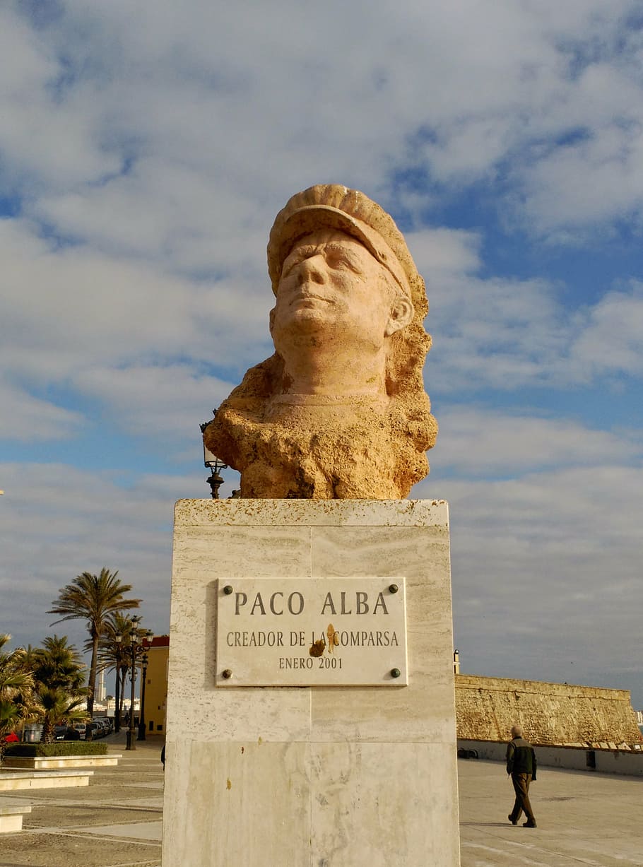 cadiz, spain, statue, bust, paco alba, beach, the cove, carnival of cádiz HD wallpaper