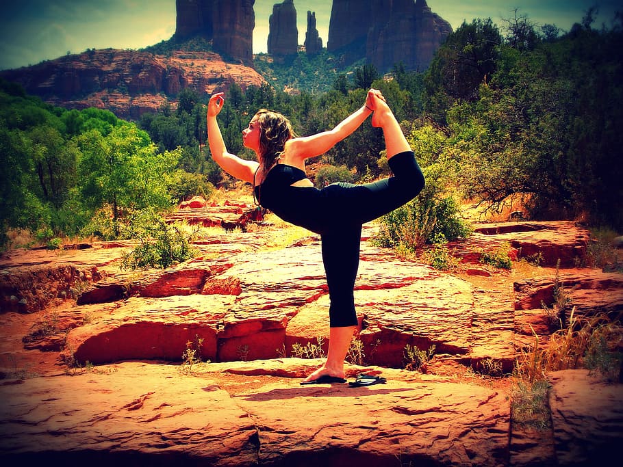 woman lifting left foot at daytime, balance, yoga, pose, dancer, HD wallpaper
