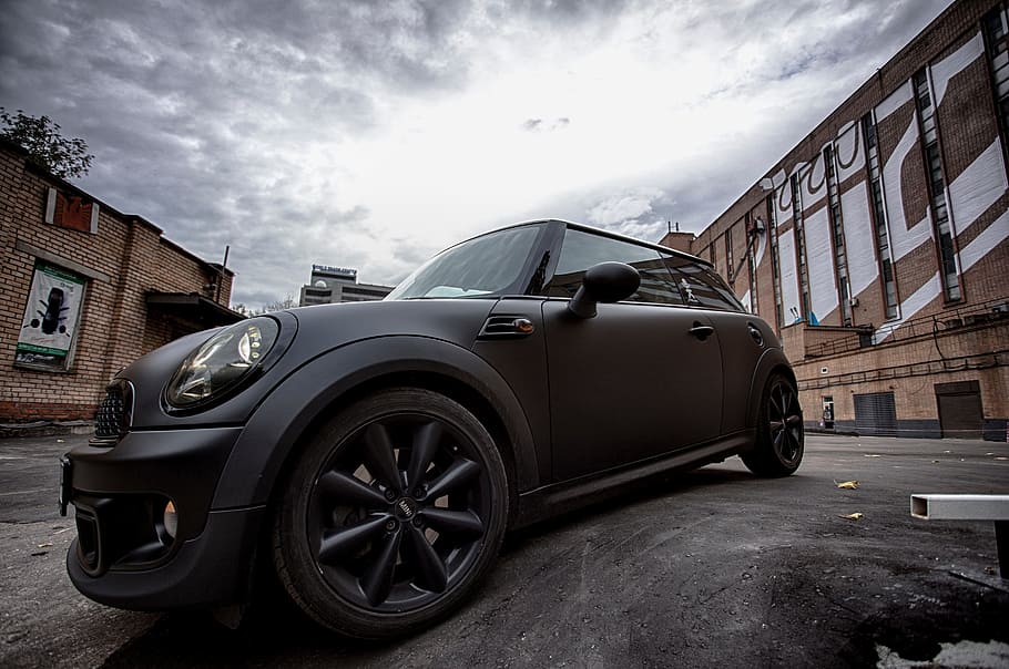 car, mini cooper, classy, black, matte, mags, clouds, sky, vehicle HD wallpaper