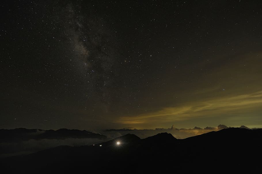 mountains surrounded by clouds during sunset, galaxy, mt, wuling HD wallpaper