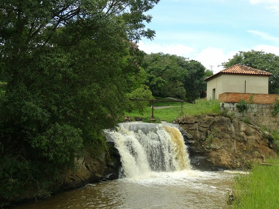 waterfall, farm, ipanema, rural zone, rio, small house, village, HD wallpaper