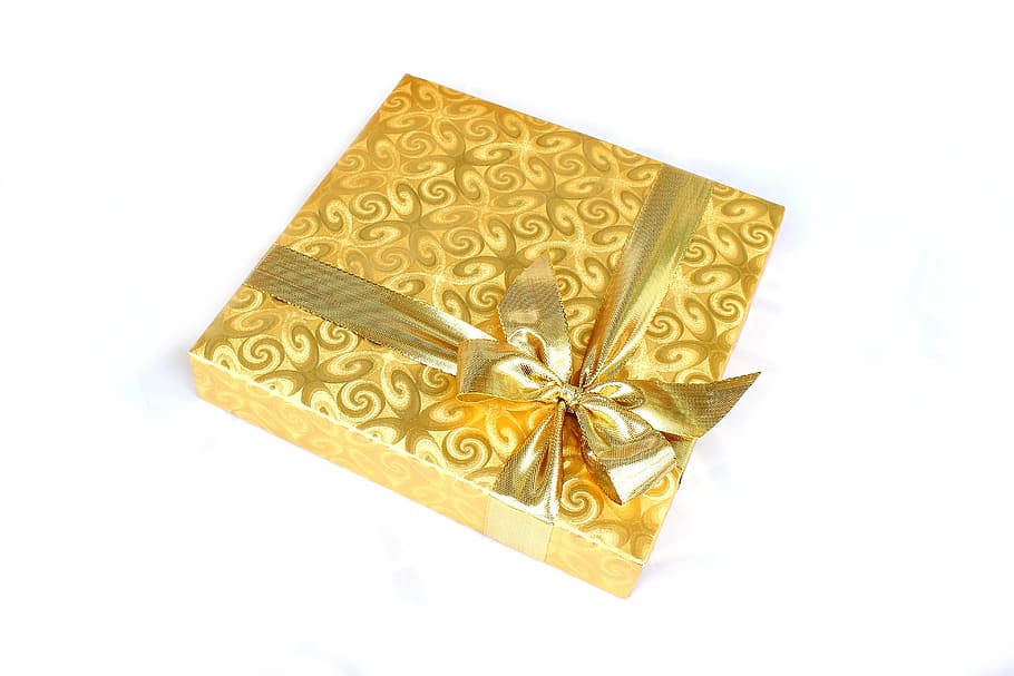 square brown floral gift box with bow accent, present, background HD wallpaper