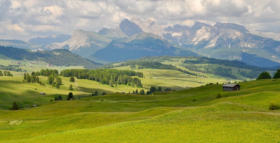 green grass field near mountain at daytime, seiser alm, scenics - nature, HD wallpaper