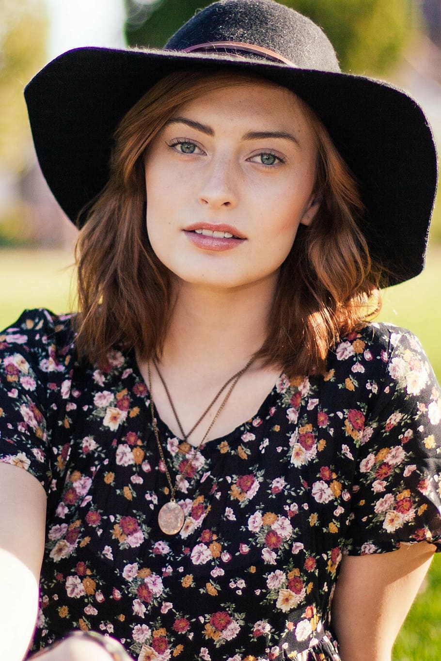 woman wearing black summer hat, portrait, female, young, person