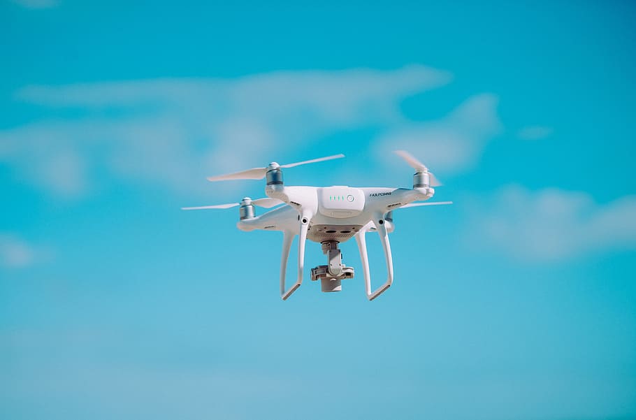 white quadcopter drone on sky, camera, hd, helicopter, photography HD wallpaper