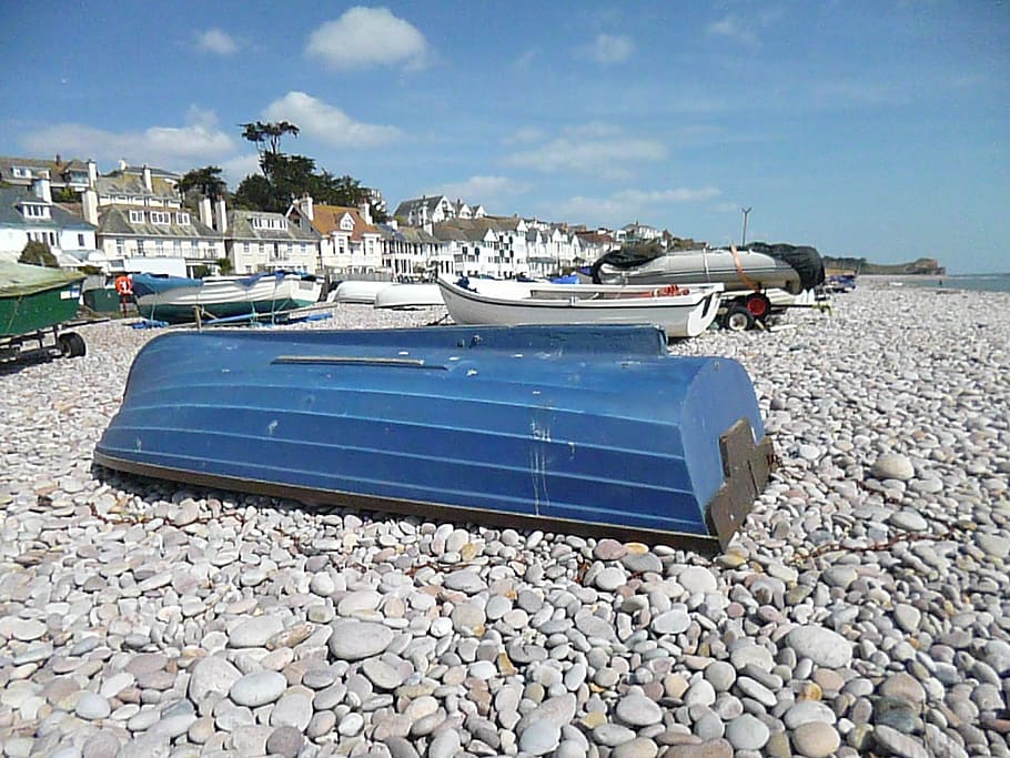 boat, beach, pebbles, vacation, travel, blue, sky, coast, shore HD wallpaper