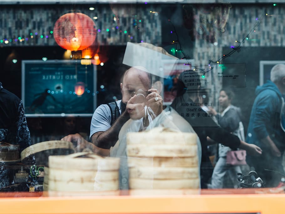 people inside the room viewed from glass window, shop, bakery HD wallpaper