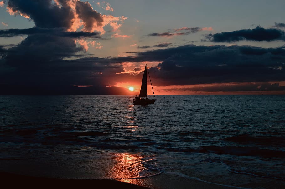 Silhouette of Sailboat on Body of Water during Sunset, beach HD wallpaper
