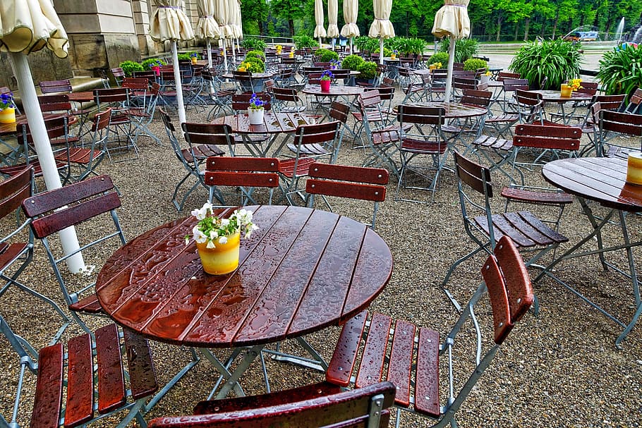 Cafe, Tables, Wet, Empty, Restaurant, chair, place setting HD wallpaper