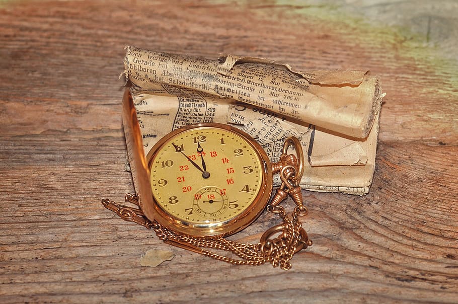 pocket watch, clock, clock face, time of, jewellery, gold, newspaper HD wallpaper