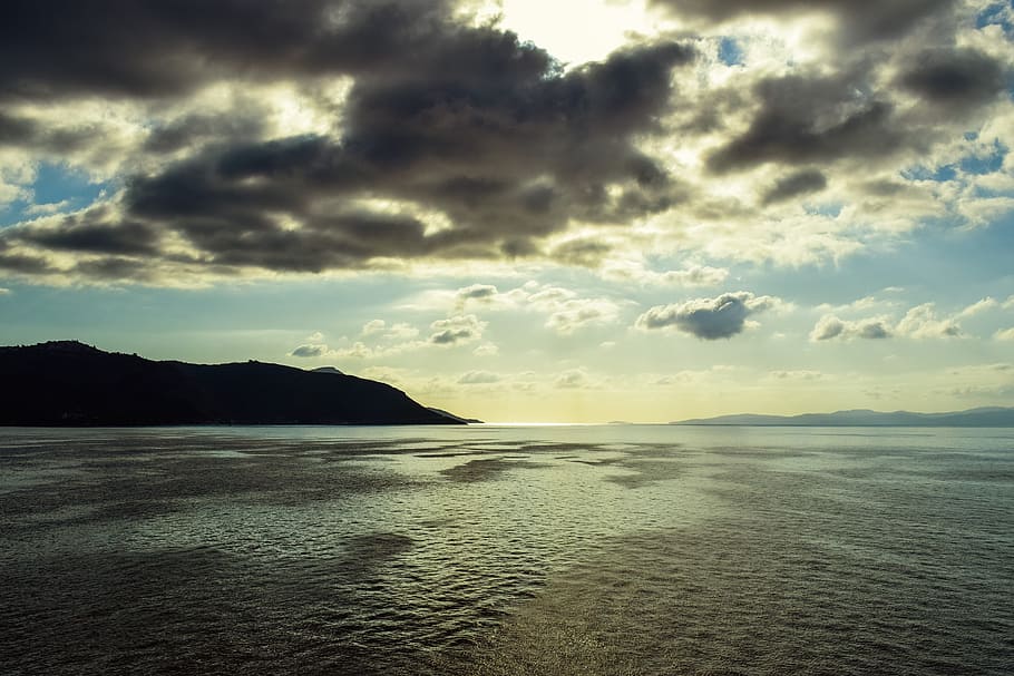 landscape, sea, sky, clouds, shadows, overcast, reflections HD wallpaper