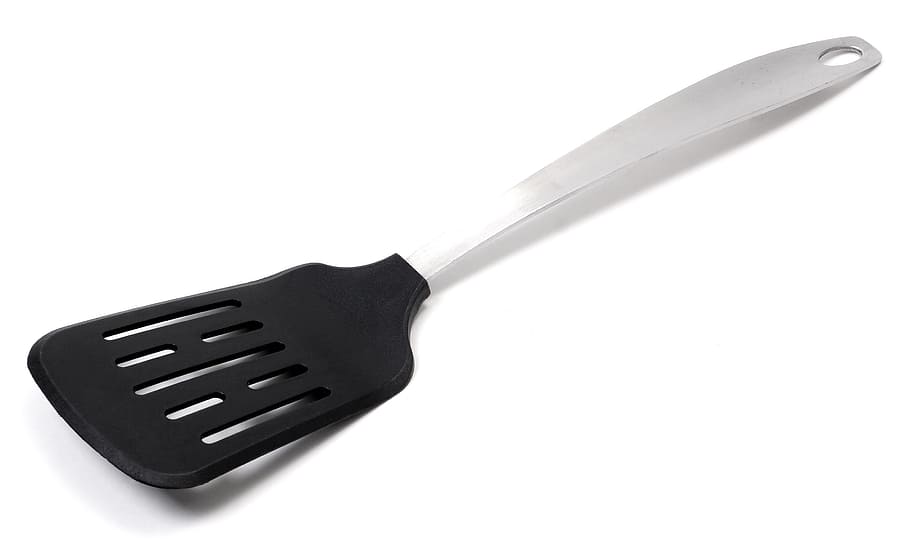 black and silver slated ladle, spatula, kitchen, cooking, turning over HD wallpaper