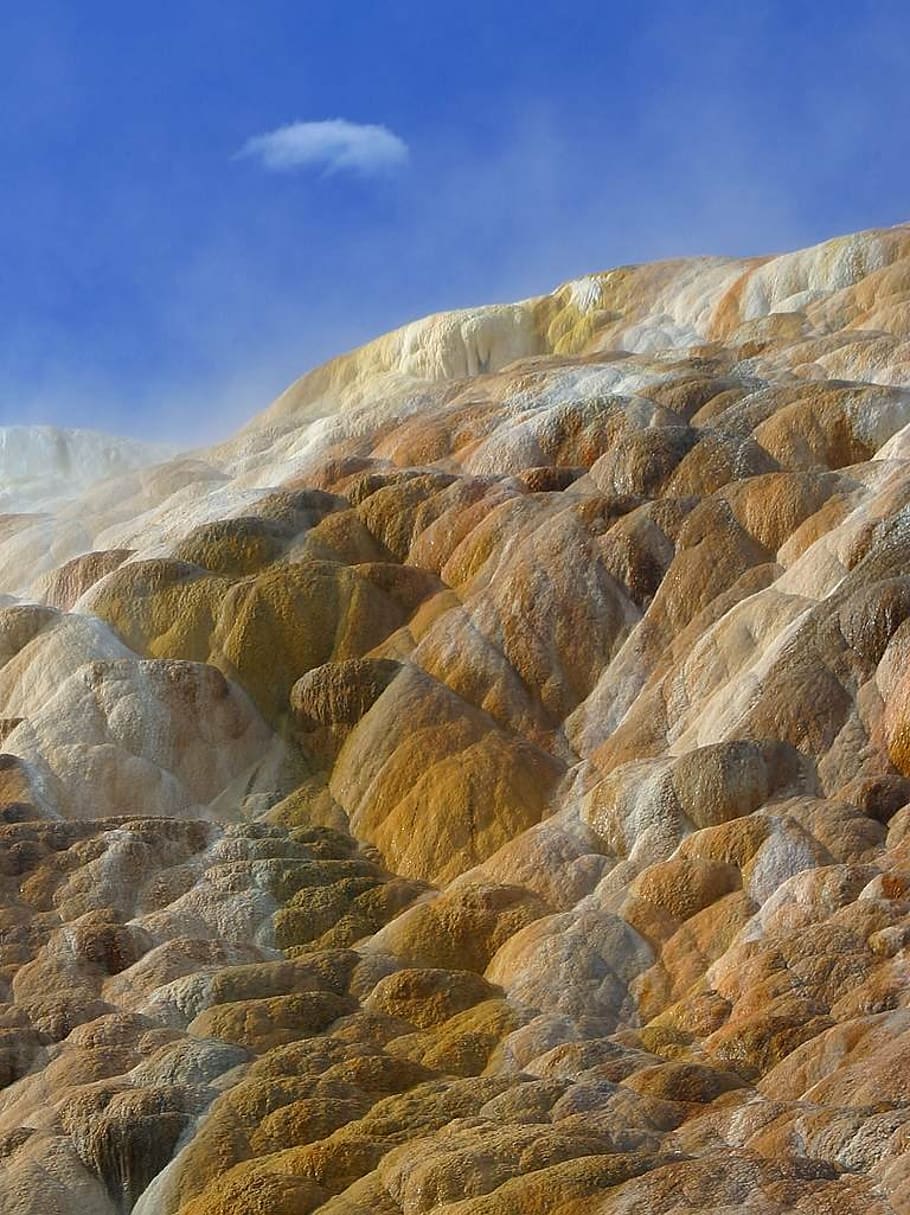 sinter, hot, volcanic, minerals, color, yellow, ocher, orange, HD wallpaper