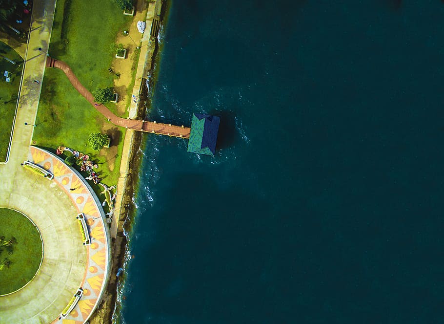 aerial view of dock, aerial view photography of green house on body water HD wallpaper