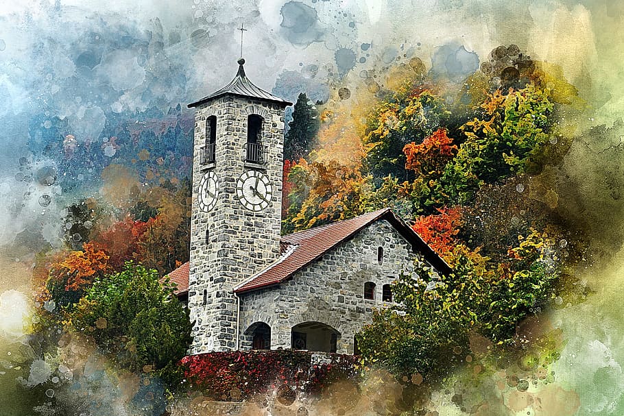 gray concrete building, castle, forest, riddle, autumn, sky HD wallpaper