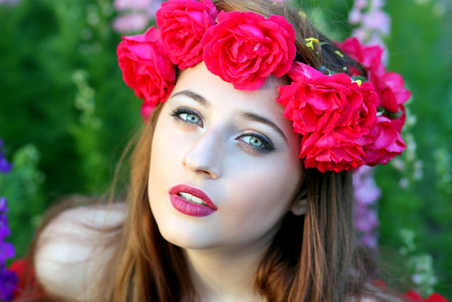 Hd Wallpaper Woman Wearing Red Flower Tiara Girl Flowers Wreath Roses Wallpaper Flare