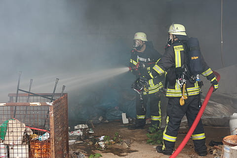 fireman holding water hose, delete, respiratory protection HD wallpaper