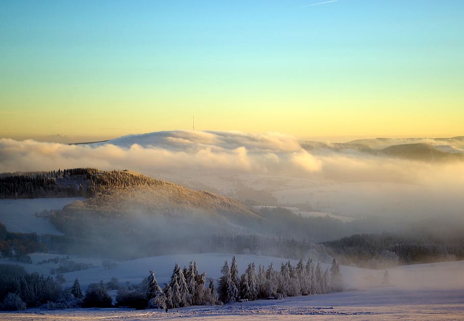 aerial view of mountain, rhön, winter, heidelstein, snow, fog HD wallpaper