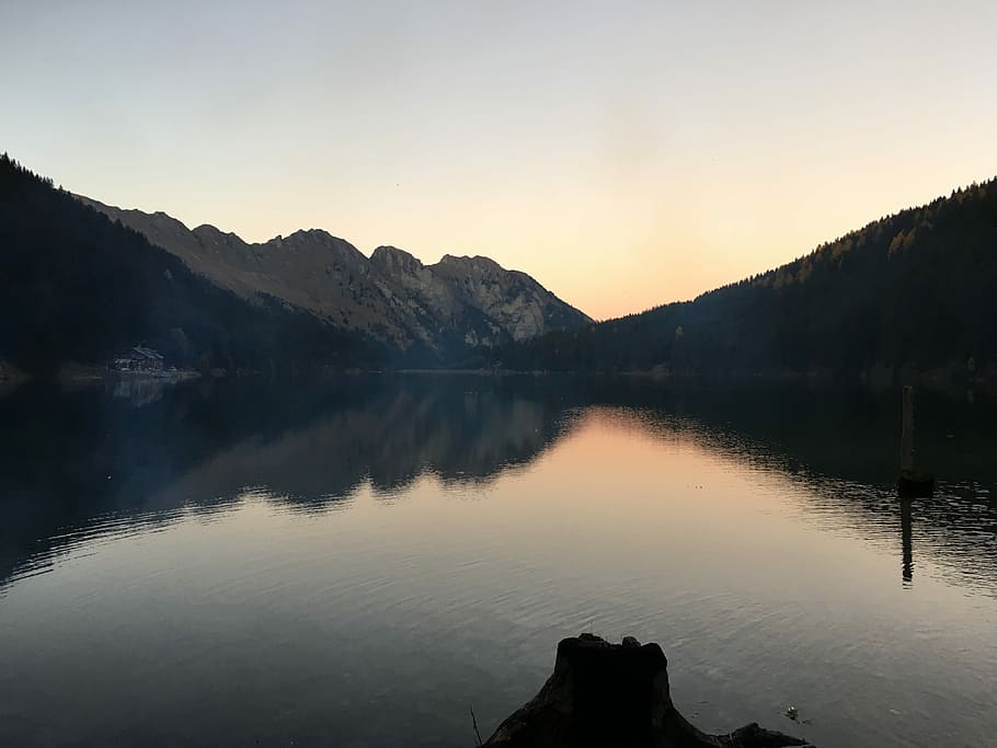 body of water against silhouette image of mountain hill, nature HD wallpaper