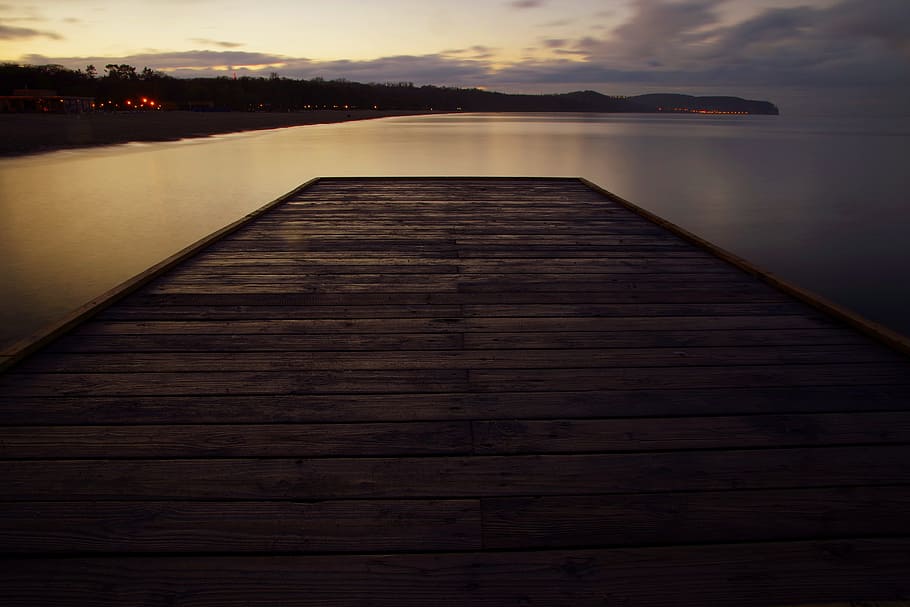 Bridge, Sea, Twilight, Night, Dark, water, the horizon, the coast, HD wallpaper
