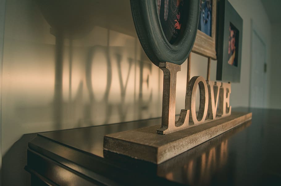 Brown Wooden Love Free Standing Letter on Black Wooden Surface HD wallpaper