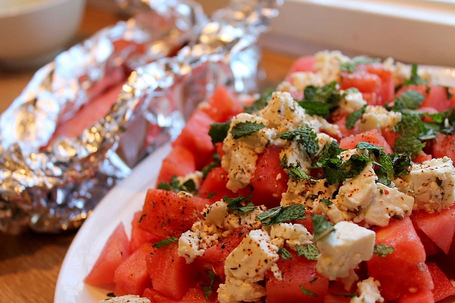 melon salad, salmon, noon tips, food and drink, healthy eating HD wallpaper