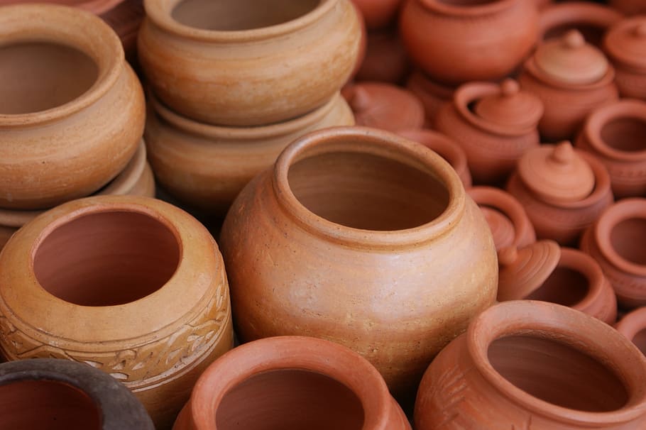 stock of brown flowerpots and jars, claypots, terracotta, ceramic, HD wallpaper