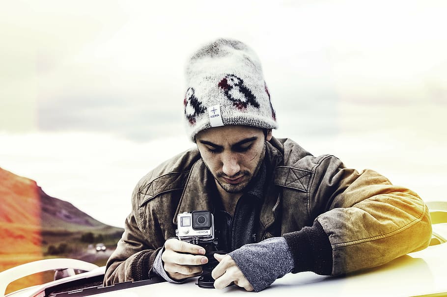 camera, gadget, gopro, man, person, one person, clothing, men HD wallpaper