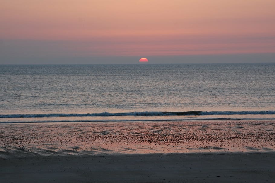setting sun, sunset, sky, sea, beach, landscape, water, horizon over water HD wallpaper