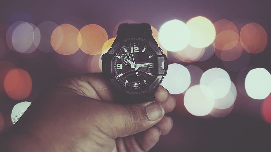 person holding analog watch, time, night, light, clock, hour, HD wallpaper