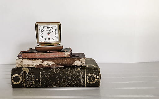 brown analog clock with books, vintage, time, old books, white background HD wallpaper