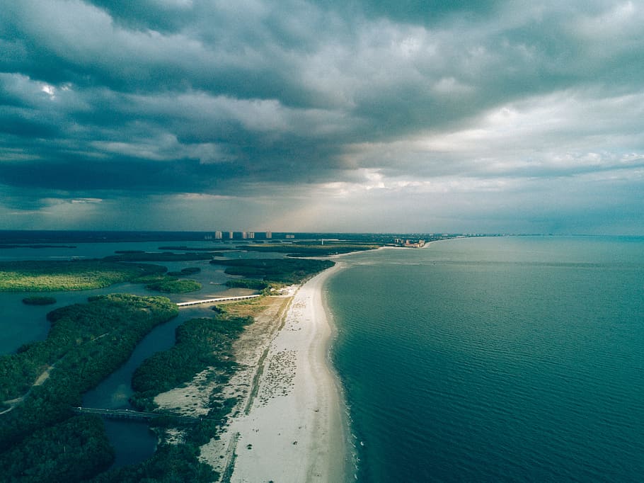 sea, landscape, nature, sky, aerial, beach, clouds, daylight HD wallpaper