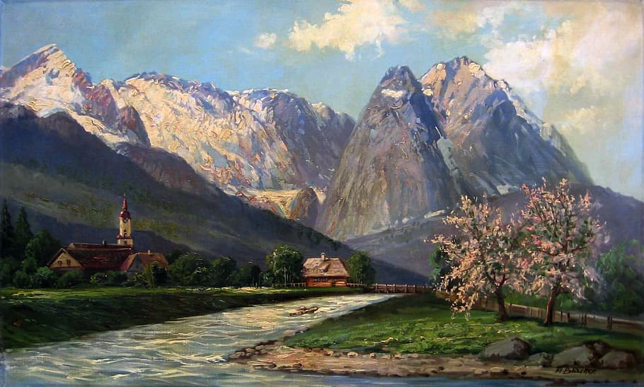 house near mountain painting, wetterstein, alps, oil on canvas, HD wallpaper