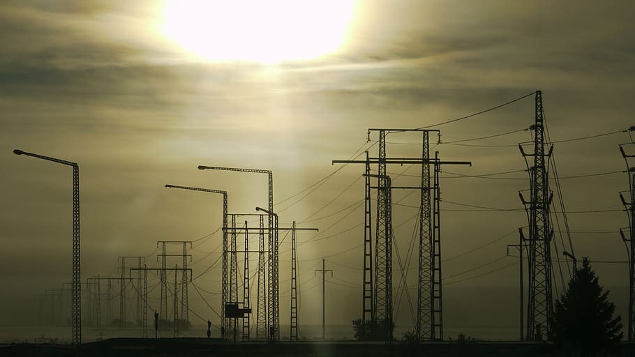 power lines, solar, stream, sky, technology, cable, electricity pylon HD wallpaper