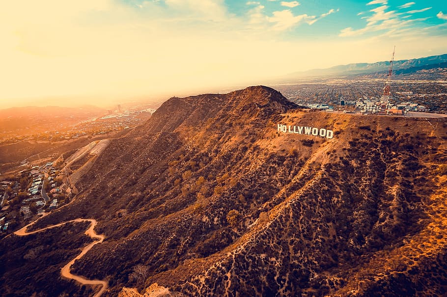 aerial photography of Hollywood signage on mountain, aerial photography of Hollywood, HD wallpaper