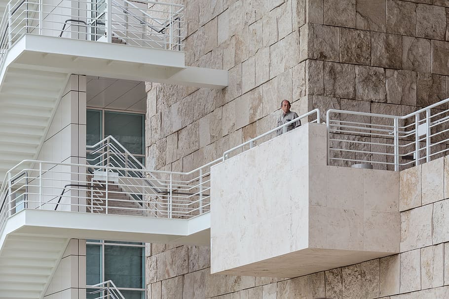 white steel fence, architecture, building, man, balcony, structure HD wallpaper