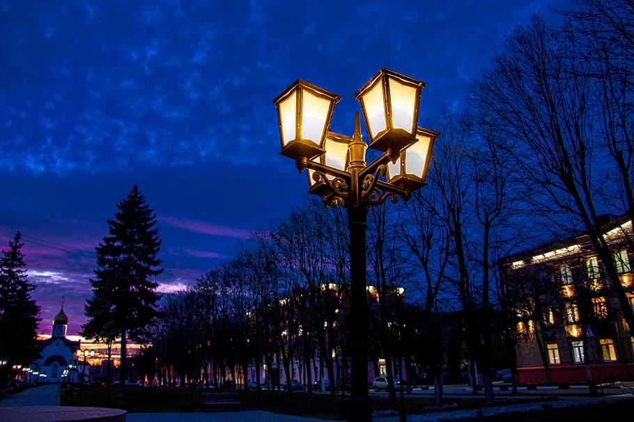 night, lamp post, russian night, evening, glow, blue, street HD wallpaper