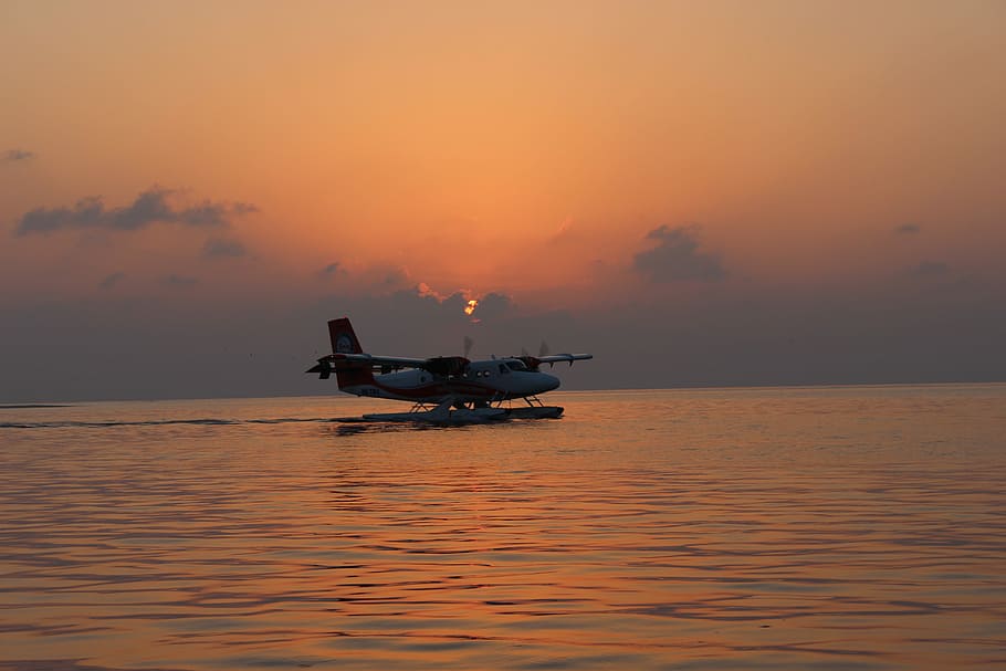 Seaplane Silhouette, sea plane at body of water, ocean, sunset HD wallpaper