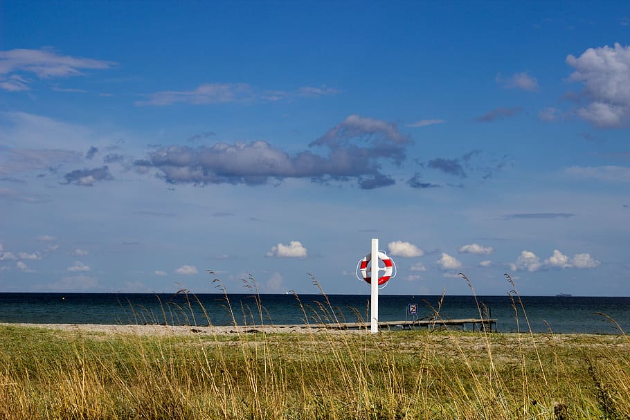 beach, coast, sea, sky, lifebelt, nature, water, flag, day HD wallpaper