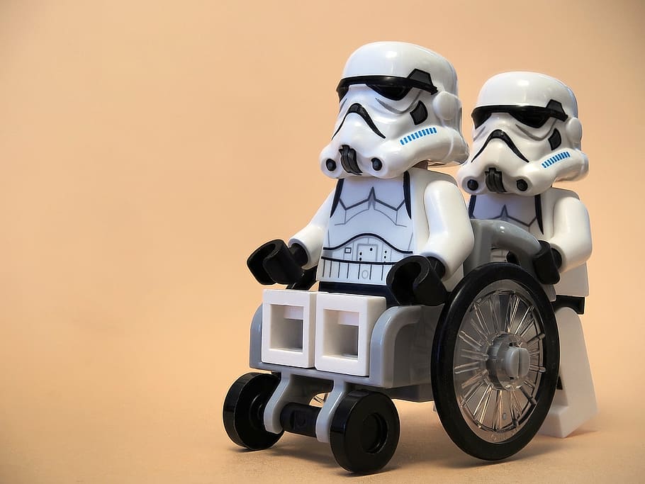 Star Wars LEGO Stormtrooper toy, wheelchair, healthcare, casualty