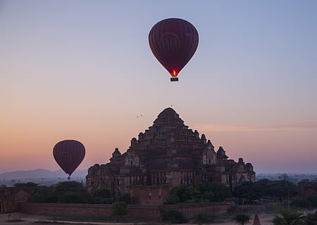 burma, bagan, temple, balloon, hot air balloon, sky, air vehicle HD wallpaper
