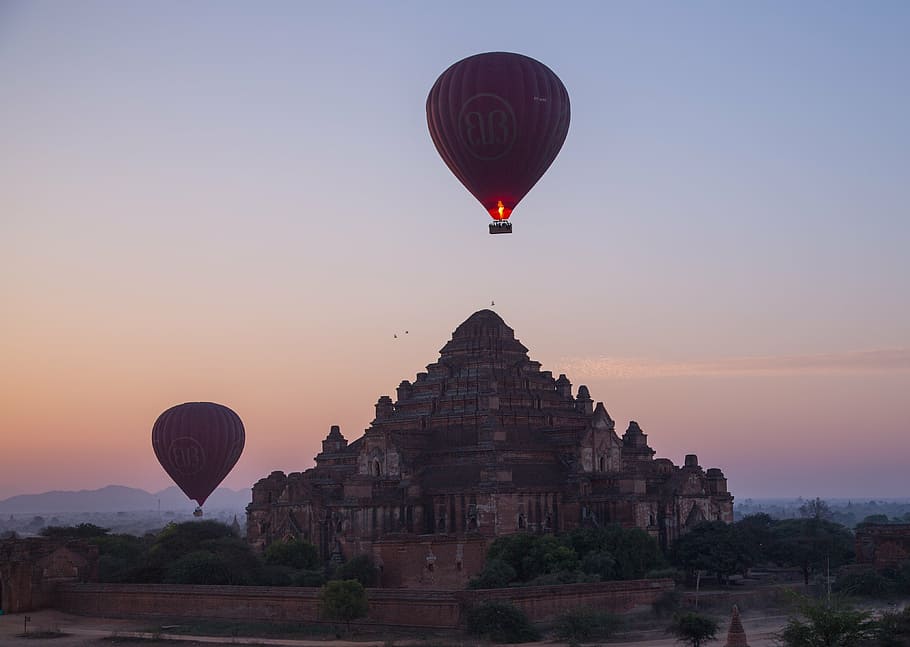 burma, bagan, temple, balloon, hot air balloon, sky, air vehicle HD wallpaper