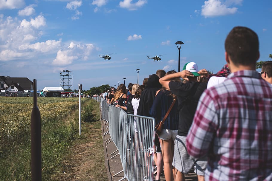 group of people standing near open field, control, crowd, fence HD wallpaper