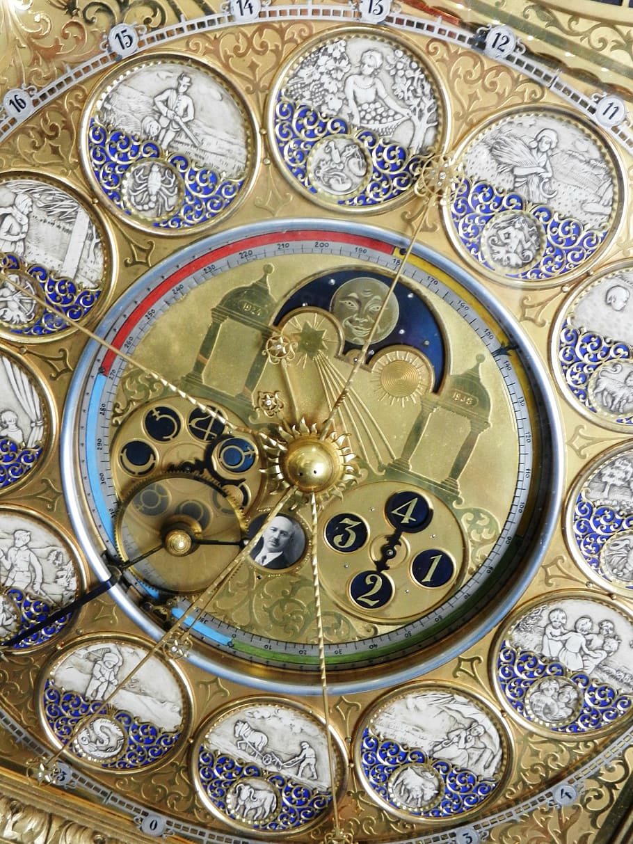 gold-colored anallog clock, monument, clock shield, time, architecture HD wallpaper