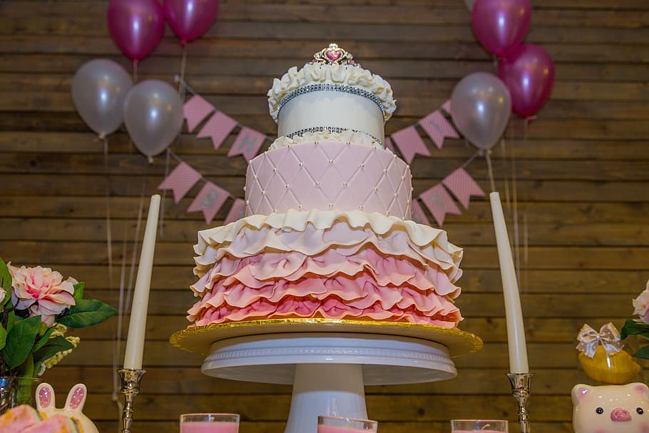 pink and white 3-layer birthday cake, happy, celebration, party