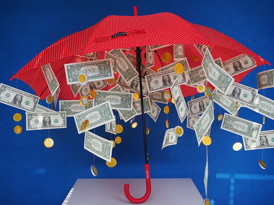 red umbrella with hanged US dollar banknotes, gift, money rain