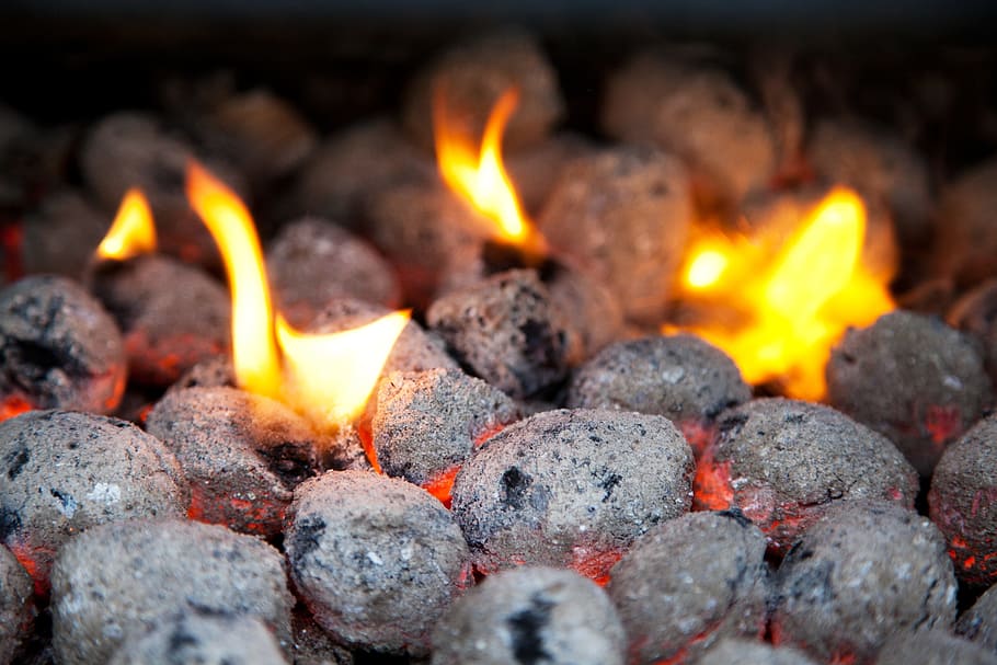 gray rocks on fire, barbecue, barbeque, bbq, blaze, briquette, HD wallpaper